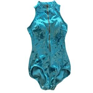 Vintage 60s Blue Velvet Swimsuit Mod Mock Neck O-Ring Zipper GoGo Pinup XS As Is